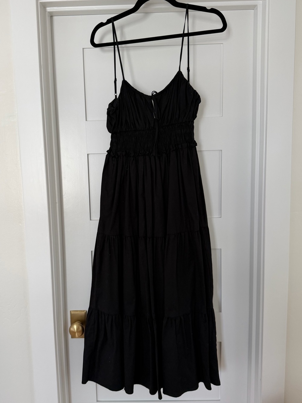 Wayf Black Tiered Smocked-Waist Spaghetti-Strap Maxi Dress